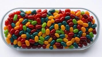 Colorful candies in glass container on white background. Top view. photo