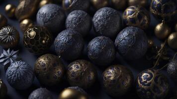 Golden dark Christmas balls on dark background. Merry Christmas and Happy New Year. fairy tales photo