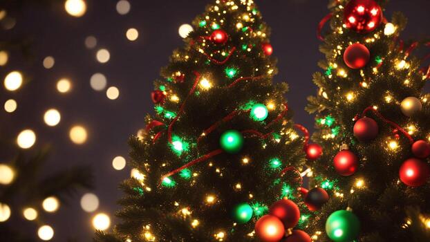 Navidad árbol con rojo y verde adornos en bokeh antecedentes foto