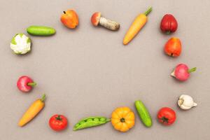 Different healthy food products on a gray background with copy space for text. photo