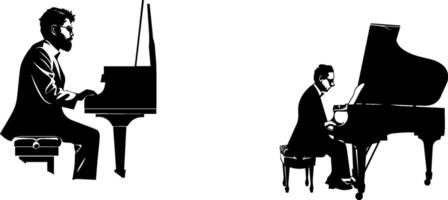 talentoso pianistas capturado en dinámica siluetas jugando grandioso pianos con pasión vector