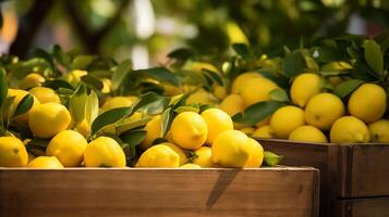 yellow lemons with leaves lie in open wooden boxes on a bright sunny day photo