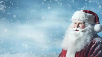 Funny Santa Claus in costume with beard and mustaches. Banner with copy space for text. Christmas holiday background. photo