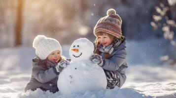 contento niños edificio muñeco de nieve. linda pequeño niños jugando con nieve, haciendo muñeco de nieve. soleado invierno día. foto