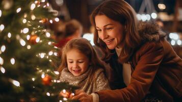 Happy mother and daughter decorating Christmas tree together. Smiling woman and little girl at Christmas market. Winter holiday celebration. photo