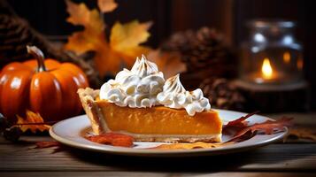 Delicious pumpkin pie with whipped cream on plate, background with autumn leaves, pumpkin and candle. Thanksgiving autumn food. photo