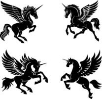 Majestic Pegasus Unicorns in Various Dynamic Flying Poses Capturing Magic and Elegance vector