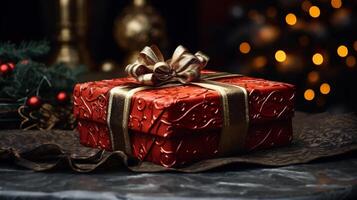 Christmas present in elegant red wrapping paper and golden ribbon with bow. Christmas gift on table. Concept of winter holiday. photo