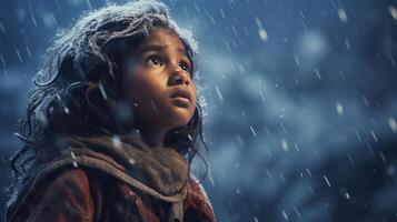 Little Indian girl looking at snowfall. Child enjoying cold winter weather. Christmas celebration. photo