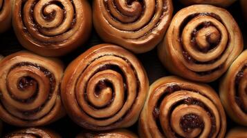 Cinnamon rolls, top view photography. Delicious cinnabon, baked goods, pastry. Concepts of food and bakery. photo