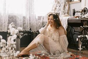 Happy woman with beautiful smile wearing vintage style pastel dress. Spring or summer fashion concept photo