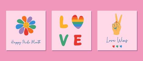 Set of y2k retro posts with LGBT symbols. Happy Pride Month cards, banners, prints. Hand drawn flat style illustrations. vector