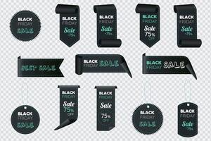 Black friday sale ribbon banners collection isolated. price tags isolated on black background. vector