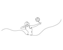 Continuous single line drawing of male volleyball player performs a jumping serve at the end of the court. volleyball tournament event . Design illustration vector