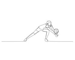 Continuous single line drawing of Female volleyball athlete squats while blocking an opponent's attacking ball. volleyball tournament event . Design illustration vector