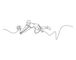 continuo soltero línea dibujo de un masculino vóleibol jugador quien saltos caídas adelante a golpear el pelota. vóleibol torneo evento . diseño ilustración vector