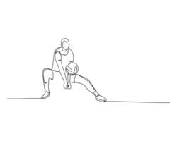 continuo soltero línea dibujo de masculino vóleibol jugador sentadillas mientras bloqueo el del oponente agresor pelota. vóleibol torneo evento . diseño ilustración vector