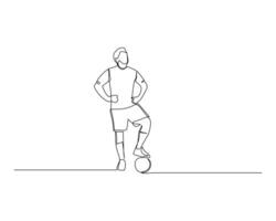 Continuous single line drawing of Football players are posing in front of the camera while stepping on the ball. footbal tournament event Design illustration vector