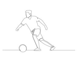 Continuous single line drawing of a football player is dribbling the ball towards the opponent's goal. footbal tournament event . Design illustration vector