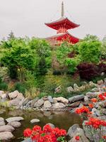 Japanese garden with a pond and buddhist temple photo