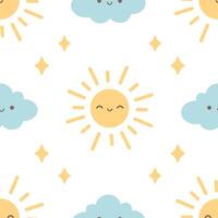 Minimalist abstract seamless pattern with cute smiling clouds, sun and stars. Seamless pattern for wallpaper, textile, fabric, wrapping paper vector