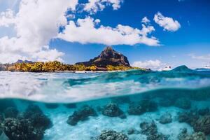 Tropical blue ocean with Le Morne mountain at Mauritius. photo