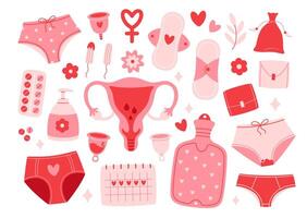 Menstrual period set. Female period products - tampon, pads, menstrual cup, panties, monthly calendar, pills. Female hygiene vector