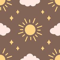 Minimalist abstract seamless pattern with clouds, sun and stars. Seamless pattern for wallpaper, textile, fabric, wrapping paper. vector