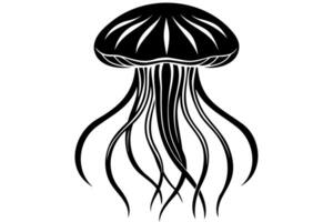 Black silhouette of Jellyfish with flowing tentacles. Oceanic medusa. Concept of ocean animal, sea creature. Graphic illustration. Print, icon, logo, element for design. Isolated on white background vector