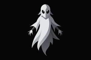 Ghost illustration with black eyes and flowing cloak isolated on a black background. Minimalist ghost character with an eerie look. Halloween design, spooky figure, haunted concept vector