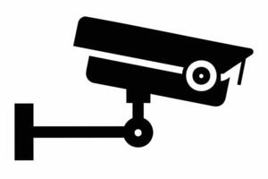 Black silhouette of a security camera isolated on white background. Simple graphic design of surveillance equipment. Concept of security, monitoring, safety. Print, logo, sign, design element vector