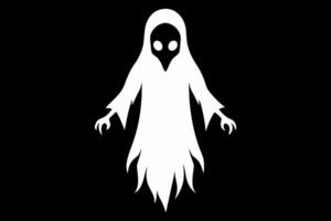 Eerie ghost with a bird-like mask and outstretched claws. Spooky spirit illustration. Halloween, haunting, horror concept. White silhouette isolated on black background. vector