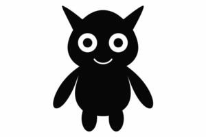 Black cartoon monster with big eyes and horns. Cute creature design, kids illustration, monster character, whimsical drawing for children. Black silhouette isolated on white background. vector