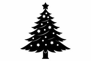 negro Navidad árbol con decoraciones y estrella en cima. festivo, fiesta estación, celebracion, nuevo año, festivo diseño concepto. negro silueta aislado en blanco antecedentes. vector