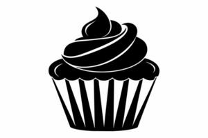 Black silhouette of cupcake isolated on white. Minimalist graphic illustration. Concept of dessert, baking, sweet food. Icon, pictogram, template, sign, logotype, print, design element vector