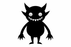 Monochromatic cartoon monster with claws and horns. Fantasy creature, scary character concept, horror theme. Black silhouette isolated on white background. vector