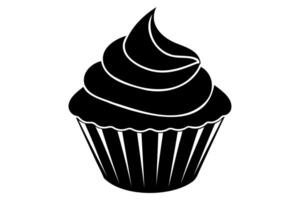 Black silhouette of cupcake isolated on white backdrop. Minimalist graphic illustration. Concept of dessert, baking, sweet food. Icon, pictogram, template, sign, logotype, print, design element vector