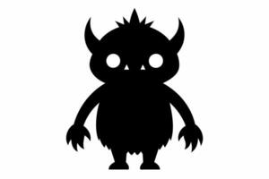 Monochromatic cartoon monster with claws and horns. Fantasy creature, scary character concept, horror theme. Black silhouette isolated on white background. vector