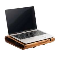 a laptop on a wooden stand with a wooden base png