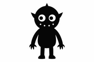 Monochromatic cartoon monster with claws and horns. Fantasy creature, scary character concept, horror theme. Black silhouette isolated on white background. vector