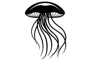 Black silhouette of Jellyfish with flowing tentacles. Oceanic medusa. Concept of ocean animal, sea creature. Graphic illustration. Print, icon, logo, element for design. Isolated on white background vector