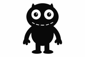 Black cartoon monster with big eyes and horns. Cute creature design, kids illustration, monster character, whimsical drawing for children. Black silhouette isolated on white background. vector