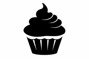 Black silhouette of cupcake isolated on white. Minimalist graphic illustration. Concept of dessert, baking, sweet food. Icon, pictogram, template, sign, logotype, print, design element vector