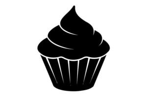 Black silhouette of cupcake isolated on white backdrop. Minimalist graphic illustration. Concept of dessert, baking, sweet food. Icon, pictogram, template, sign, logotype, print, design element vector