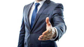 close-up of businessman with open hand out isolated background png