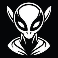 blanco silueta de extraterrestre cabeza aislado en negro antecedentes. humanoide concepto de extraterrestre, ciencia ficción diseño, espacio ser. gráfico Arte. icono, imprimir, pictograma, logo, diseño elemento vector