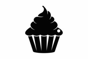 Black silhouette of cupcake isolated on white backdrop. Minimalist graphic illustration. Concept of dessert, baking, sweet food. Icon, pictogram, template, sign, logotype, print, design element vector