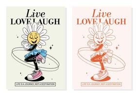 Groovy retro Live, Love, Laugh posters. Daisy mascot character in retro 70s style. vector