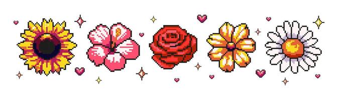 A set of 8-bit elements of summer flowers in pixel graphics. The style of the 80-90 digital vintage game. Sunflower, chamomile, rose, hibiscus. illustration. vector