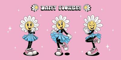 Groovy daisy flower set. Comic mascot of daisies with happy smile face, hands and feet, in different poses with a flowing skirt in the wind. Trendy summer illustration. vector